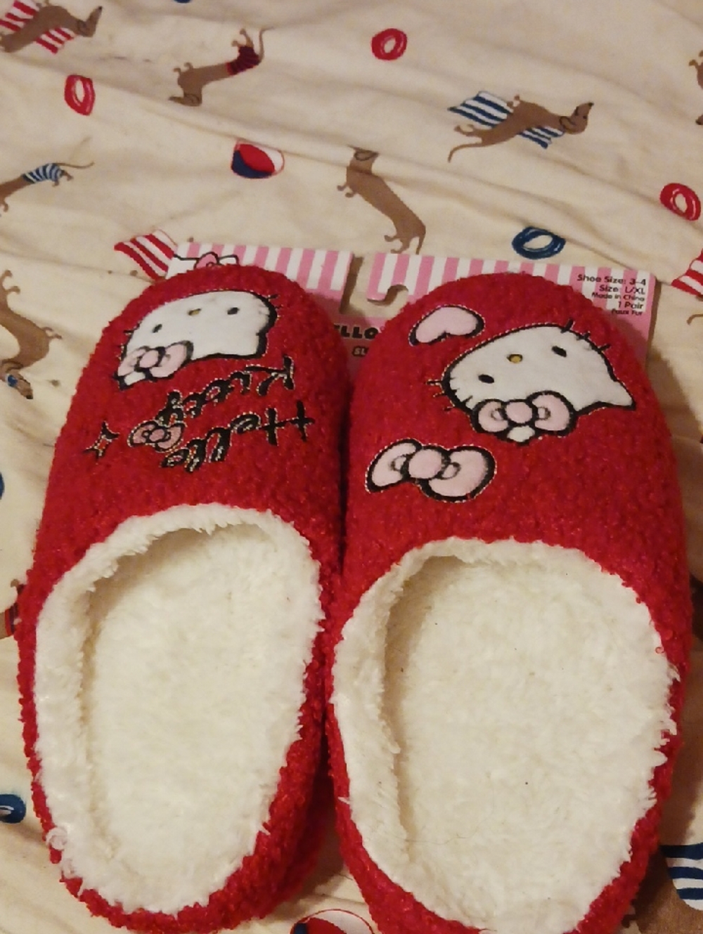 Hello Kitty Red Plush Slip-On House Slippers with White Lining
